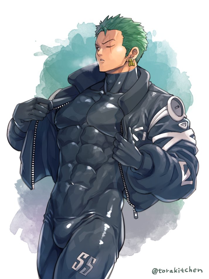 abs bulge bulge_through_clothing cold color green_hair jacket jacket_open male male_only muscles muscular muscular_male neck_muscles one_piece pecs roronoa_zoro thick_thighs tight_clothes tight_clothing tight_fit torakichi_(ebitendon) torakitchen yaoi