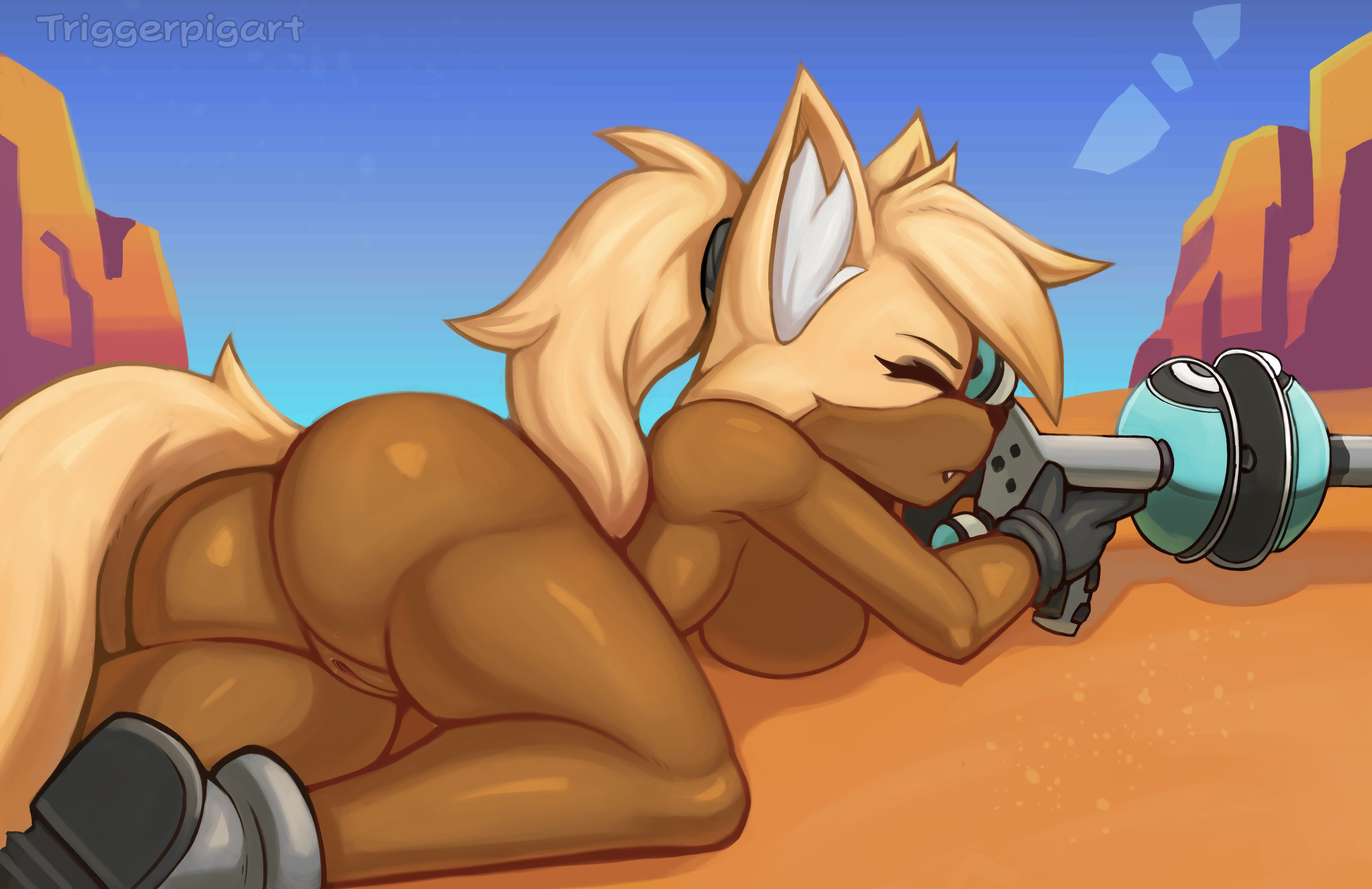 absurd res, anthro, armwear, ass, big ass, big breasts, big butt, boots, breasts, brown body, brown fur, canid, canine, canis, clothing, female, footwear, fur, genitals, gloves, handwear, hi res, idw publishing, lying, mammal, mostly nude, mountain, on front, pussy, sega, solo, sonic (series), sonic the hedgehog (comics), sonic the hedgehog (idw), sonic the hedgehog (series), triggerpigart, weapon, whisper the wolf, wolf
