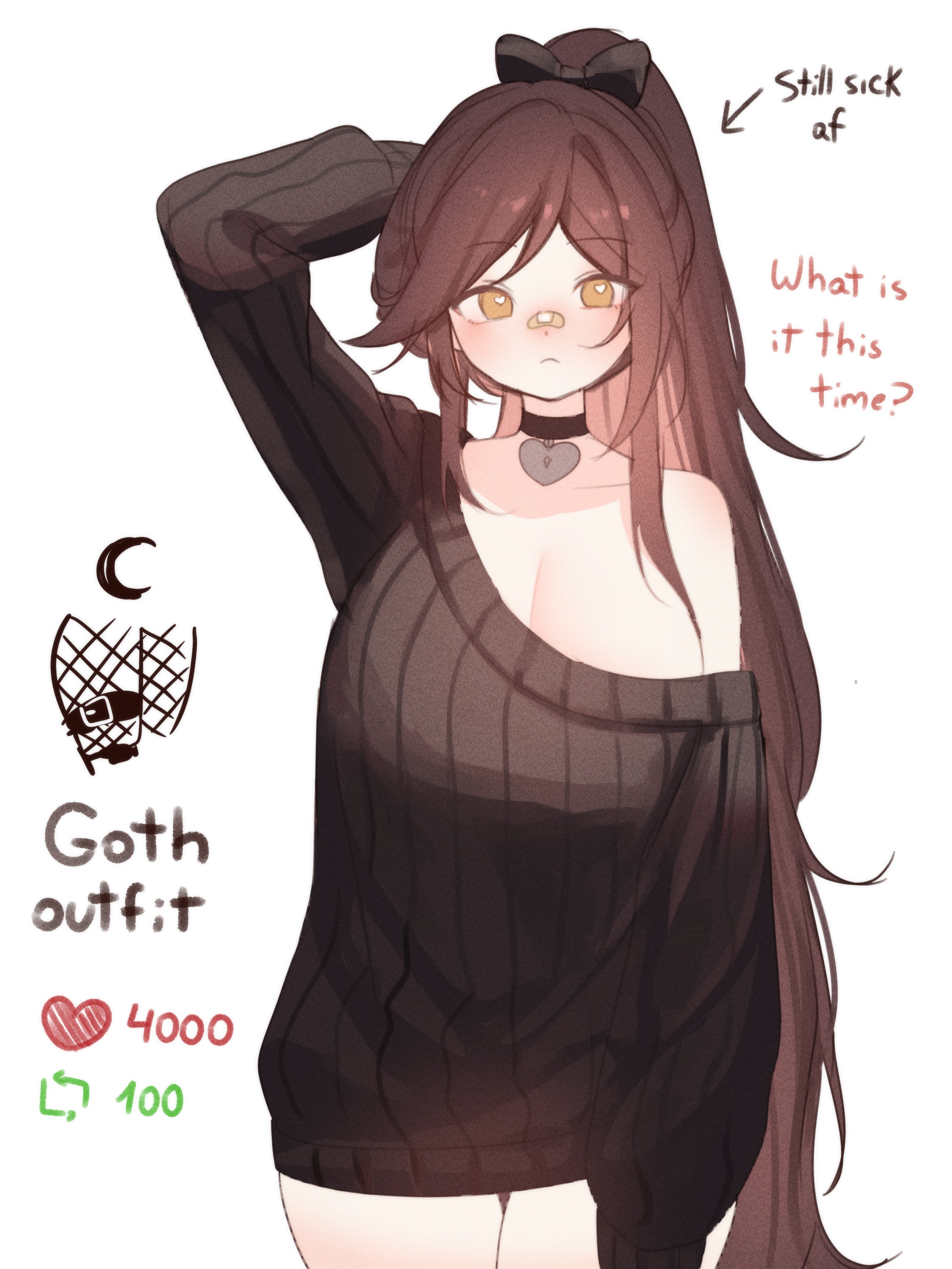 1girls, arm behind head, big breasts, black shirt, bow, breasts, brown hair, choker, female, heart choker, indie virtual youtuber, large breasts, long hair, long sleeves, shirt, sky (skyaboveme), skyaboveme, text, thighs, thighs together, virtual youtuber, white background