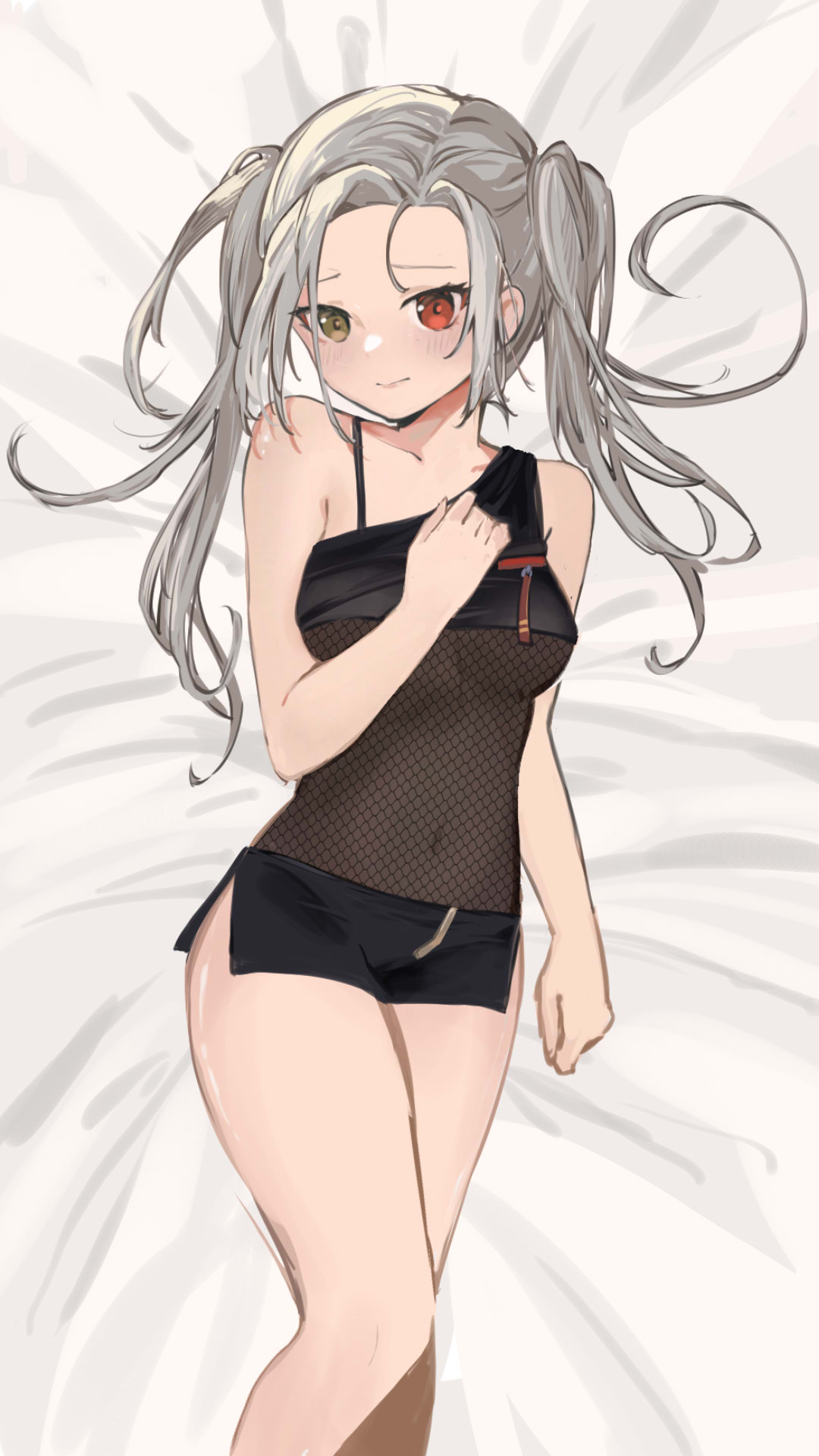 1girls bedsheets female female_only fishnet_clothing grey_hair hand_on_breast heterochromia kensou!! liliana_vampaia looking_at_viewer newbie_(artist) red_eyes solo solo_female thighs virtual_youtuber vogi_(vtuber_company) yellow_eyes