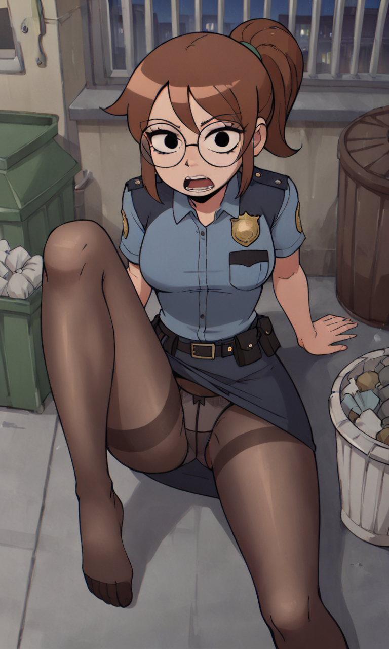 ai_generated ass bigmic145 breasts brown_hair clothed clothed_female clothing earrings feet female female_only foot_fetish glasses high_heels julie_powers looking_at_viewer netflix panties panties_under_pantyhose pantyhose police police_uniform policewoman ponytail scott_pilgrim scott_pilgrim_takes_off skirt solo_female