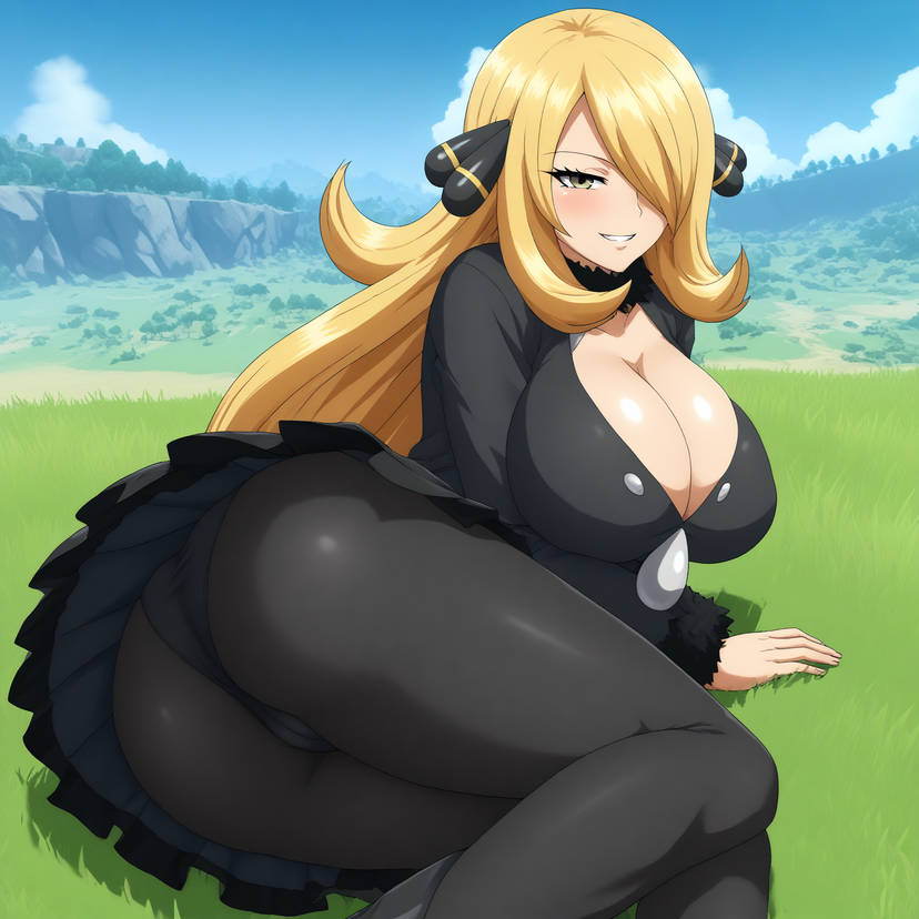 ai_generated ass_focus big_ass big_breasts black_coat black_pants blush booty busty cleavage creatures_(company) curvy cynthia_(pokemon) female female_only from_behind game_freak grass hi_res highres leggings looking_at_viewer lying_down nintendo outdoors panties pantyshot pokemon pokemon_(game) pokemon_dppt pokemon_trainer pony_diffusion_xl pose scenic seraphim_ai skirt smile solo stable_diffusion thick_thighs tights upskirt yellow_eyes