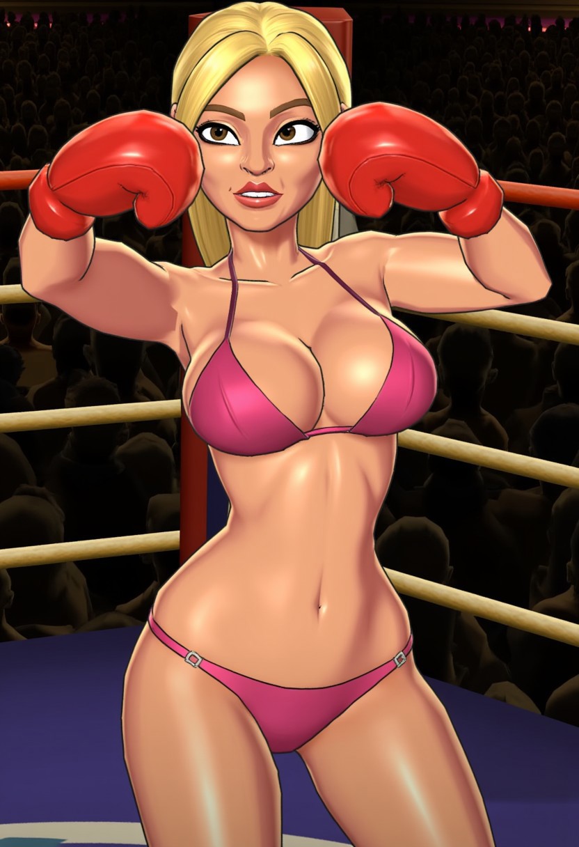 1girls big_breasts big_thighs bikini blonde_female blonde_hair boxing boxing_gloves boxing_ring breasts brown_eyes cleavage curvy female female_only fighting_ring gloves light-skinned_female light_skin lips nintendo original_character pink_bikini punch_out red_boxing_gloves red_gloves solo thick thick_hips thick_thighs thighs wide_hips