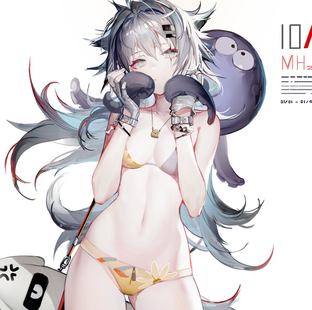 arknights bikini cowboy_shot fingerless_gloves hairclip lappland_(arknights) liduke necklace octopus pointy_chin scar swimsuit wolf_girl