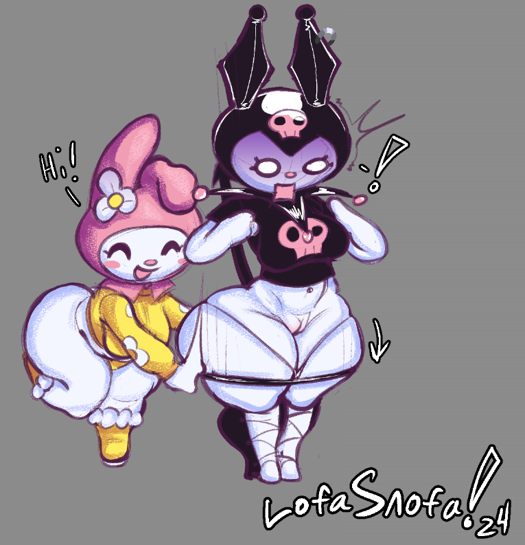 2girls anthro female female_only kuromi lofasnofa my_melody onegai_my_melody panties panties_down playful pussy rabbit sanrio surprise surprised thick_thighs