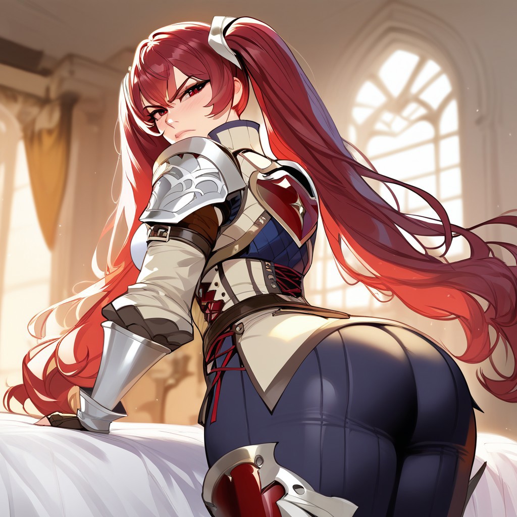 1girls ai_generated angry_face ass ass_focus bedroom belt civitai detailed_background female female_only fire_emblem fire_emblem_awakening floox long_hair nintendo red_eyes red_hair severa_(fire_emblem) solo thiccwithaq_(ai_style) twintails