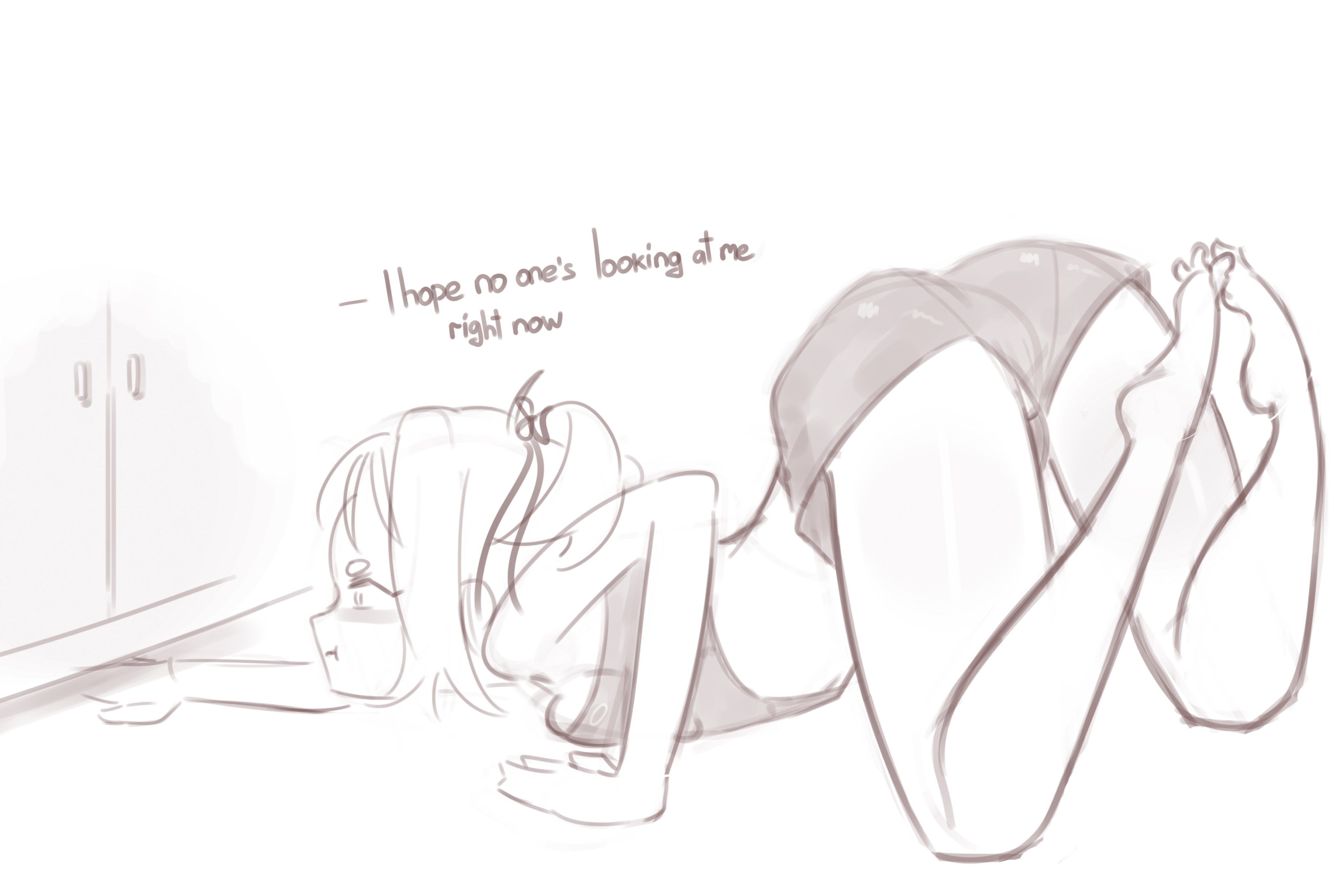 1girls, ass, ass up, doki doki literature club, emiillb, english text, female, female only, human, monochrome, natsuki (doki doki literature club), sketch, solo, text