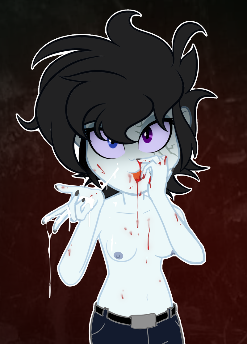 accurate_art_style black_hair blood blood_on_face blood_stain colored_sclera cum cum_drip cum_string earth_pony_colds equestria_girls heterochromia jane_blood licking_blood oc pixie_cut scar tits_out white_skin