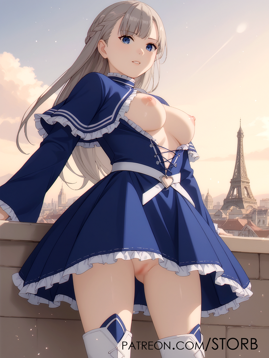 1female 1girls ai_generated breasts city_background female female_only frieren_beyond_journey's_end lawine_(sousou_no_frieren) light-skinned_female light_skin nipples outdoors outside solo solo_female sousou_no_frieren standing