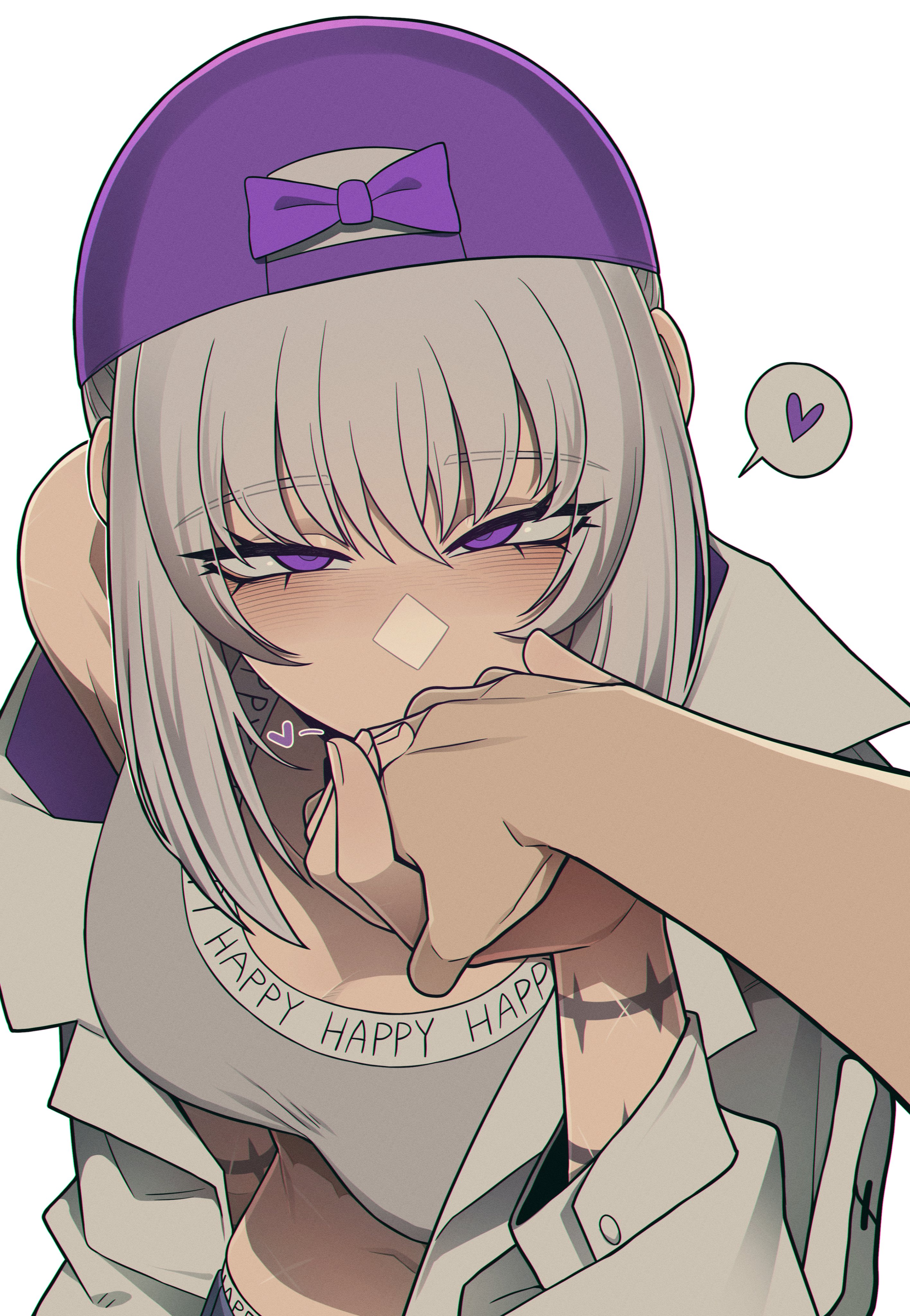 alternate hairstyle, bangs, bare shoulders, bow, breasts, cap, chu, cleavage, collarbone, covered mouth, eye contact, gentle femdom, hair ornament, hand grab, hand on cheek, hands covering mouth, hat, heart, jacket, jacket off shoulders, jacket partially removed, kira (limbus company), kiss, kissing hand, leaning forward, limbus company, midriff, misg1111, mouth covered, pov, pov eye contact, pov kiss, project moon, purple hair, scar, shark teeth, sharp teeth, soft, tank top, the middle (identity) (project moon), the middle (project moon), white hair