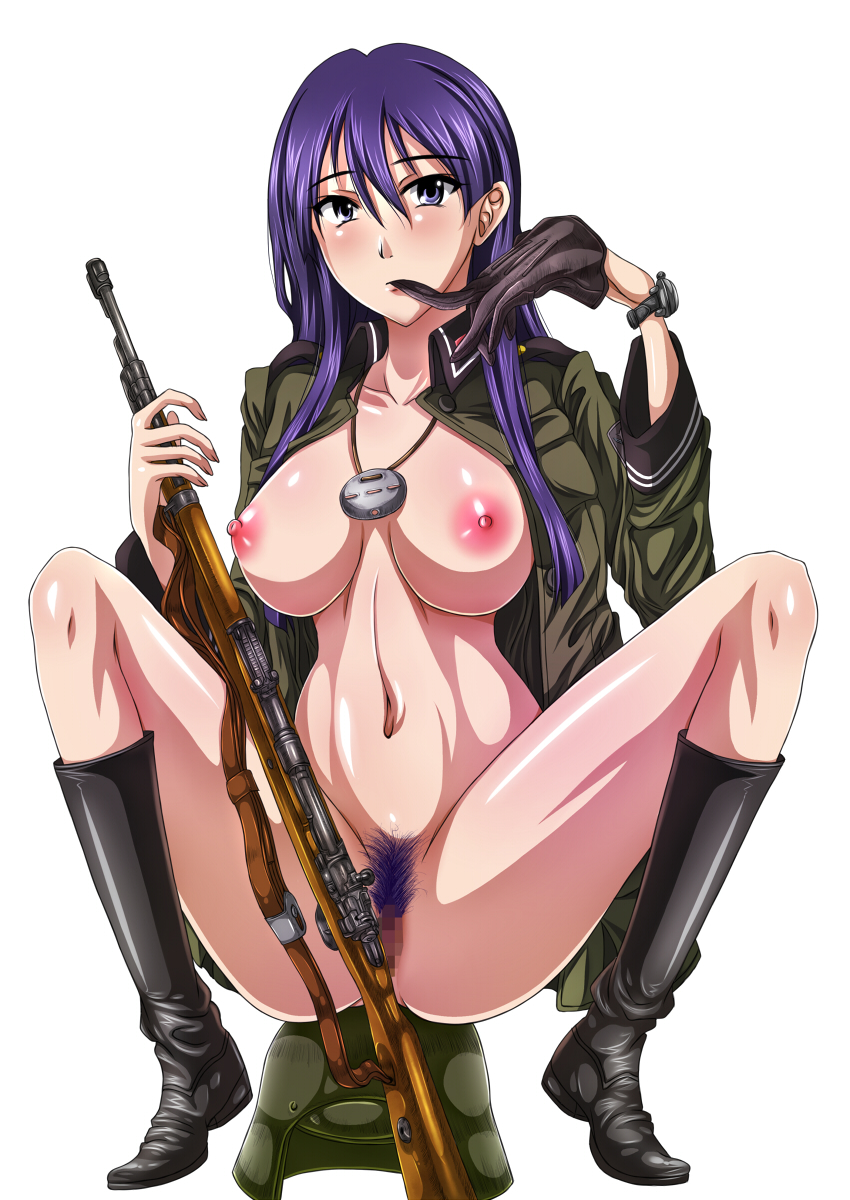 1girls areolae belly between_breasts between_legs between_thighs black_gloves black_legwear blush boots bottomless breasts breasts_out buttons censored collarbone covering covering_anus dress_shirt expressionless female fingernails finished full_body gloves gun hair_between_eyes hand_to_mouth headwear_removed helmet helmet_removed highres himeshima_koukichi holding kar-98 kazumiya_rio knee_boots knees lanyard large_areolae large_breasts legs long_fingernails long_hair long_legs looking_at_viewer loose_shirt mauser_98 military military_uniform mouth_hold naked_shirt navel necklace_between_breasts nipples nude open_clothes open_shirt payot pubic_hair puffy_nipples purple_eyes purple_hair pussy rifle rubber_boots shiny shiny_skin shirt simple_background single_glove sitting sitting_on_object solo sora_no_woto spread_ass spread_legs squatting strap symmetry thick_thighs thighs unbuttoned uniform waist watch weapon white_background wing_collar wristwatch