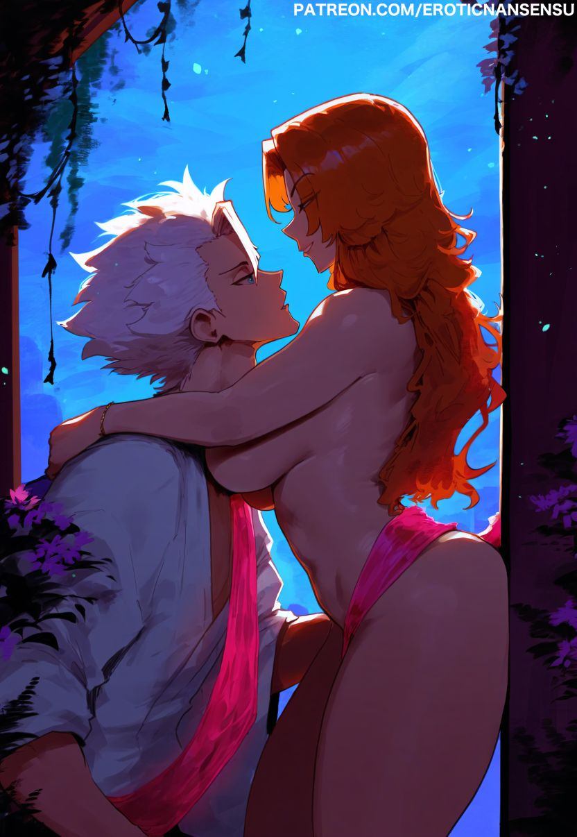 2d 2d_(artwork) against_wall ai_assisted ai_generated arched_back big_breasts bleach curvy erotic_nansensu flower from_side functionally_nude hand_on_another's_shoulder hitsugaya_toushirou imminent_sex japanese_clothes kimono leaning_forward long_hair matsumoto_rangiku nude orange_hair shawl sideboob thick_thighs watermark