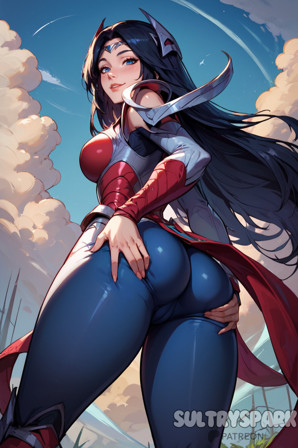 ai_generated ass bare_shoulders black_hair blue_eyes blue_sky breasts circlet clothing_cutout cloud day female from_behind from_below futarush irelia_xan large_breasts league_of_legends league_of_legends:_wild_rift lips long_hair looking_at_viewer looking_back outdoors riot_games sky smile solo sultryspark thighs