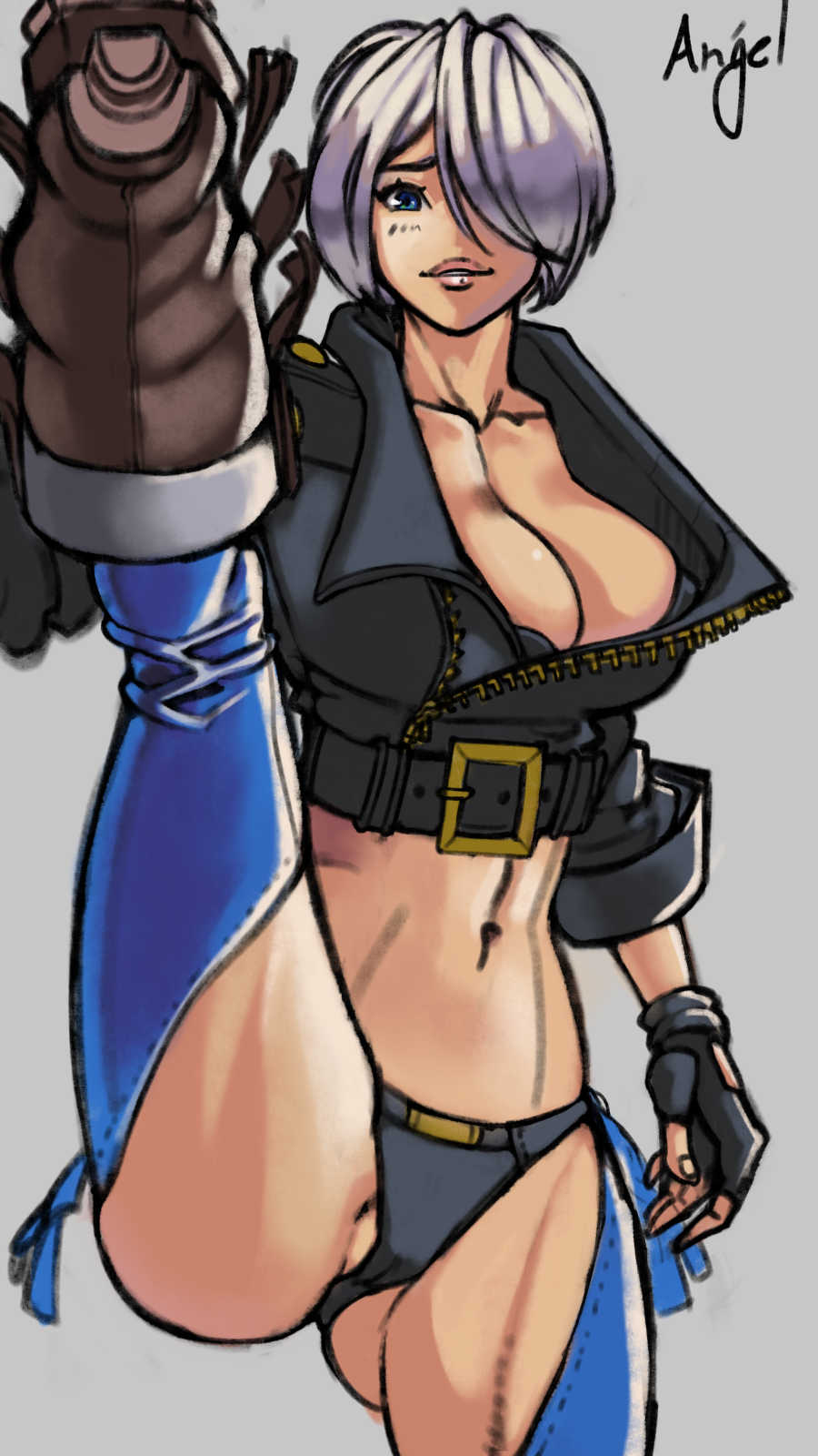 1girls angel_(kof) ass_visible_through_thighs big_breasts black_panties blue_eyes boots breasts busty cameltoe cleavage clothed female fit_female flexible gloves huge_breasts jacket king_of_fighters leather leather_clothing leather_jacket legs_spread legwear light-skinned_female light_skin looking_at_viewer one_leg_up open_legs panties short_hair spread_legs spreading standing standing_on_one_leg thick_thighs thighs tight_pussy toned toned_body toned_female white_hair