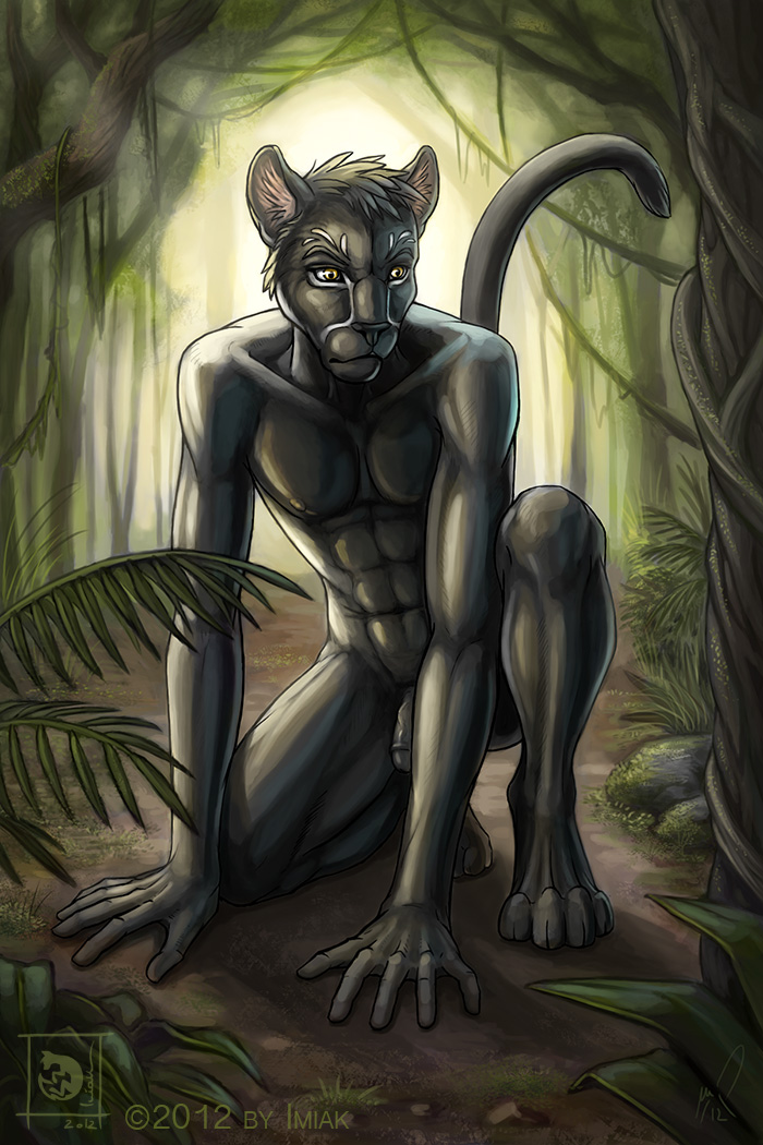 abs anthro feline imiak jungle kneeling leopard lyka male markings muscles panther pecs penis tree vegetation wood yellow_eyes