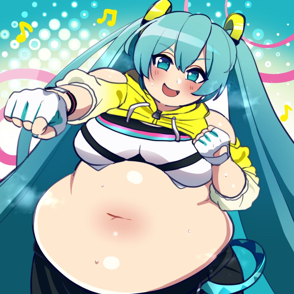 1girls android big_belly blue_eyes blush cropped_hoodie cyan_hair detailed_background exercise fat fist fitness_boxing hatsune_miku looking_at_viewer moehikikomori overweight overweight_female punch skirt solo sports_bra sweat sweating twintails vocaloid waist_chain wide_hips