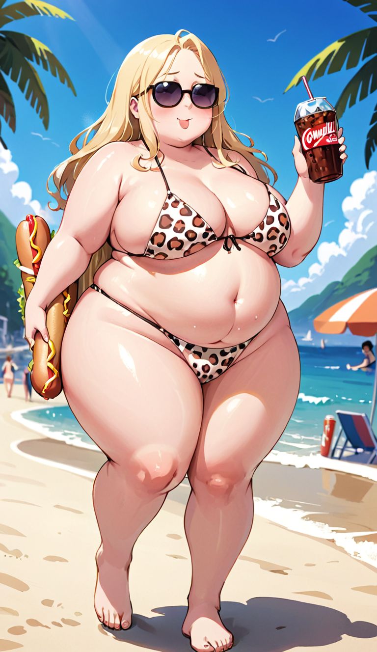 ai_generated animal_print beach bikini blonde_hair chubby fat large_breasts obese sandwiched soda sunglasses tinted_eyewear