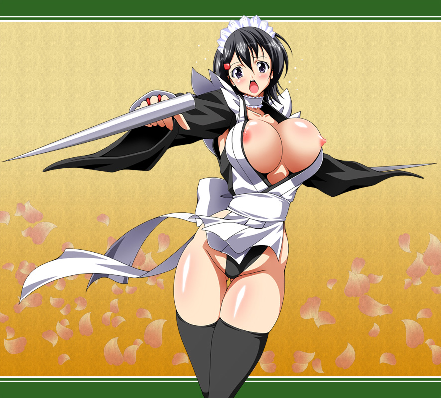 1girls apron black_hair black_legwear blade blue_eyes blush breasts choker cleavage female hair_ornament hairclip iroha large_breasts maid_headdress nipple_slip nipples panties raven_(artist) samurai_shodown short_hair snk solo thighhighs underwear