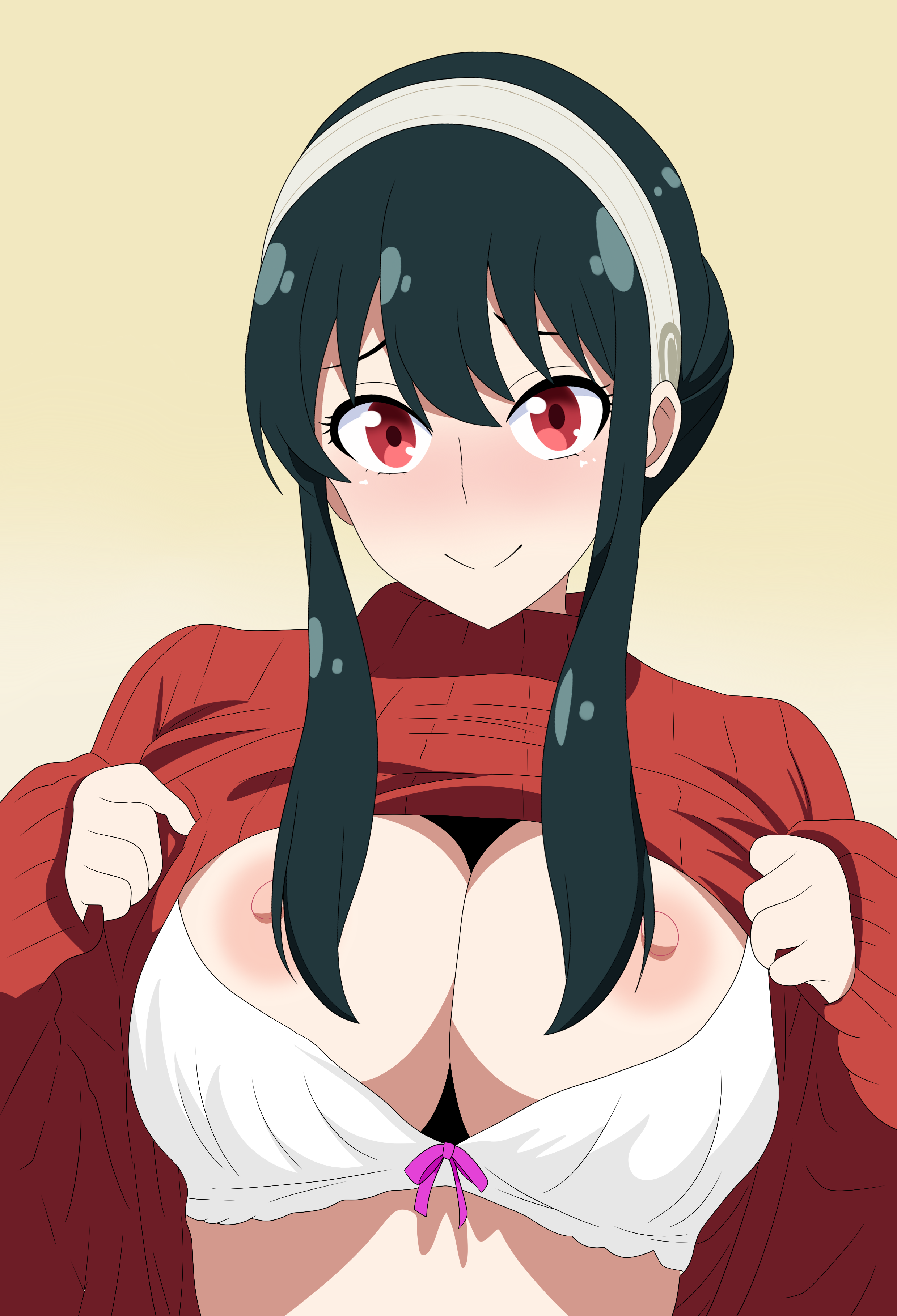 1girls, areolae, big breasts, black hair, bra, breast focus, breasts, breasts out, chelsea cola, exposed breasts, female, female only, hair, looking at viewer, mature, mature female, mature woman, milf, nipples, presenting breasts, red eyes, red sweater, smile, solo, solo female, spy x family, sweater, sweater lift, topwear, upper body, white bra, yor briar