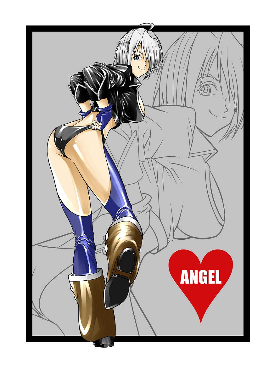 1girls angel_(kof) ass bending_over bent_over big_ass big_breasts big_breasts blue_eyes boots breasts busty clothed cute cute_face female gloves jacket king_of_fighters latex leather leather_clothing legwear light-skinned_female light_skin looking_at_viewer looking_back one_leg_up short_hair showing_ass smile smiley_face smiling_at_viewer thick_thighs thighs thong voluptuous voluptuous_female white_hair wide_hips