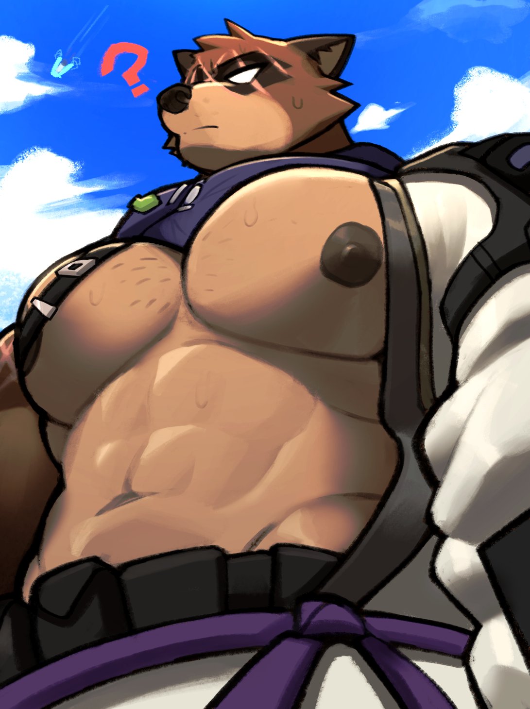 abs anthro anthro_only areola asian_clothing big_pecs bodily_fluids canid canine clothed clothing east_asian_clothing fortnite fur hajime_(fortnite) japanese_clothing kerchief kimono male male_focus male_only mammal muscular muscular_anthro muscular_male navel neckerchief neckwear nipples open_clothing open_kimono outside pecs question_mark raccoon_dog rygel_spkb scar solo solo_anthro solo_male standing straps sweat sweatdrop tanuki tuft