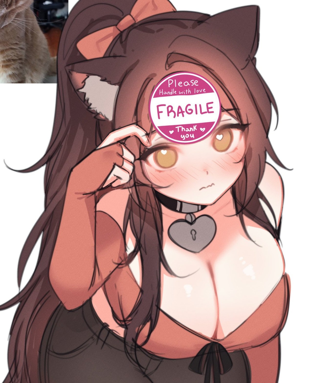 1girls, big breasts, black hair, bow, breasts, cat ears, choker, clothed, female, heart choker, indie virtual youtuber, large breasts, long hair, sky (skyaboveme), skyaboveme, virtual youtuber, white background