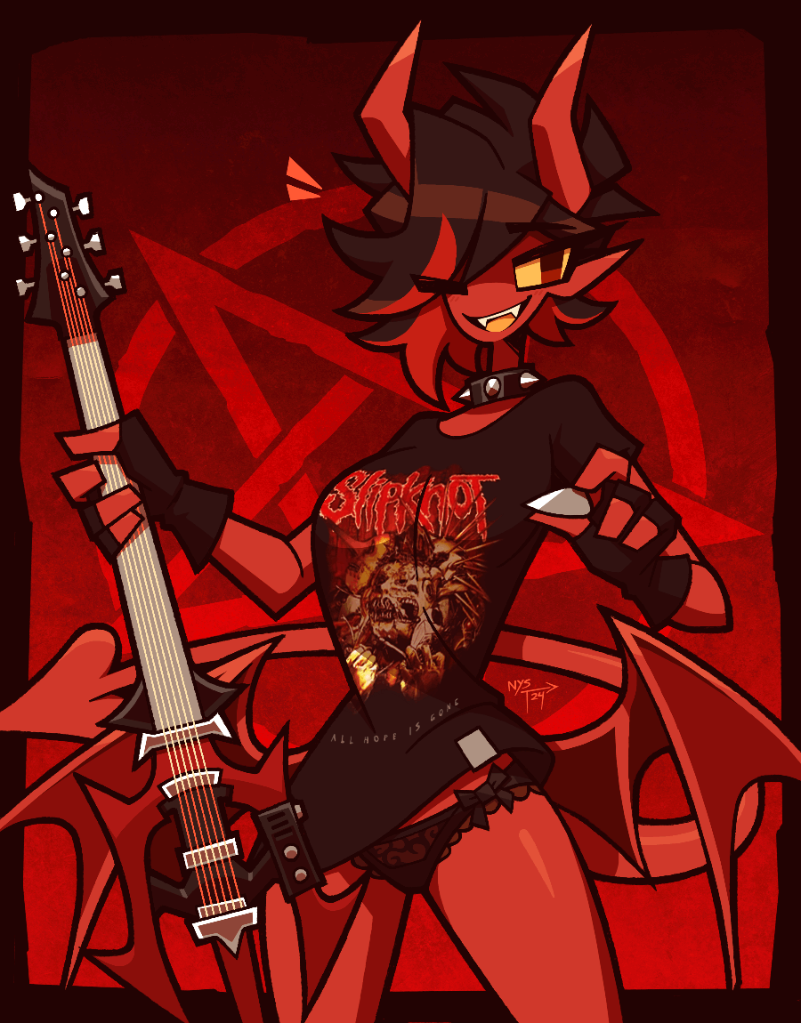 1girls band_shirt demon_girl demon_horns electric_guitar female fingerless_gloves gloves guitar hi_res highres lingerie looking_at_viewer notyoursagittarius panties pentagram red_skin slipknot slipknot_(band) solo spiked_collar t-shirt trident winking_at_viewer