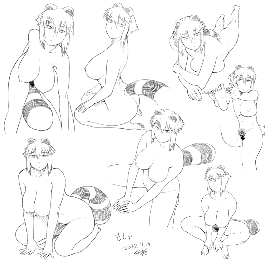 animal_ears araiguma-san barefoot bent_over breasts censored completely_nude dated female female_pubic_hair from_above greyscale large_breasts leg_up long_sidelocks monochrome navel nude original pubic_hair pussy raccoon_ears raccoon_girl raccoon_tail seiza short_hair sidelocks signature sitting soles spread_legs stomach tail toes tsukudani_(coke-buta) wariza