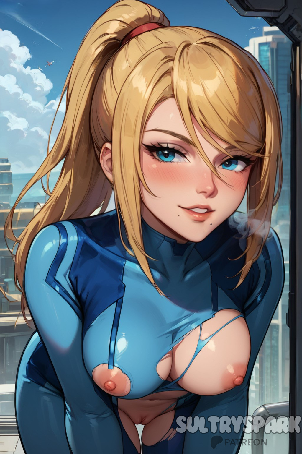 ai_generated bangs blonde_hair blue_bodysuit blue_eyes blue_sky blush bodysuit breasts day female futarush large_breasts long_hair looking_at_viewer mole mole_under_mouth nipples outdoors parted_lips patreon_username ponytail pussy samus_aran sky smile solo sultryspark torn_bodysuit torn_clothes zero_suit