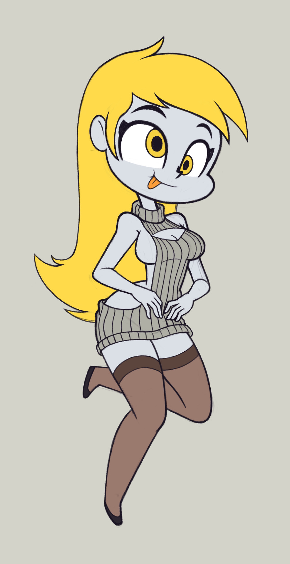 2010s 2017 anthro blonde_hair crosseyed derp_eyes derpy_hooves grey_skin khu my_little_pony my_little_pony_friendship_is_magic pony simple_background sticking_out_tongue stockings virgin_killer_sweater yellow_eyes