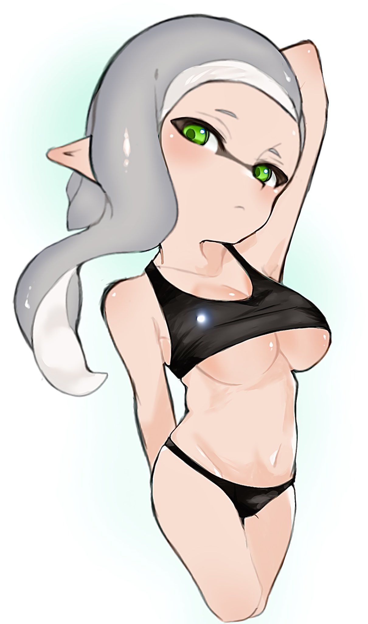 1girls black_bra black_panties bra breasts green_eyes grey_hair inkling inkling_girl inkling_player_character looking_at_viewer navel panties pointy_ears sino_(o_x_x_o) solo solo_female solo_focus splatoon splatoon_(series) sports_bra tentacle tentacle_hair underboob underwear