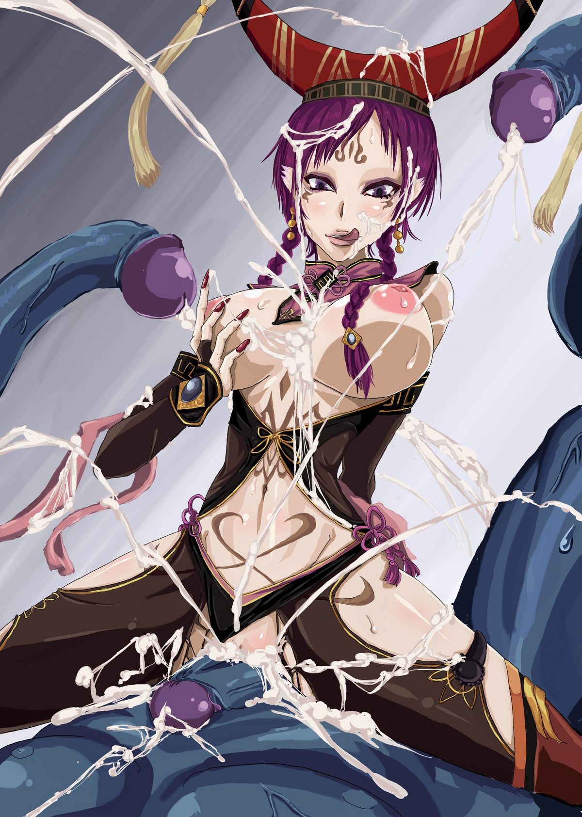 breasts cum cum_explosion cum_on_body cum_on_breasts cum_on_hair cum_on_lower_body cum_on_thigh cum_on_thighs cum_on_upper_body da_ji facial highres musou_orochi purple_eyes purple_hair shang tentacle