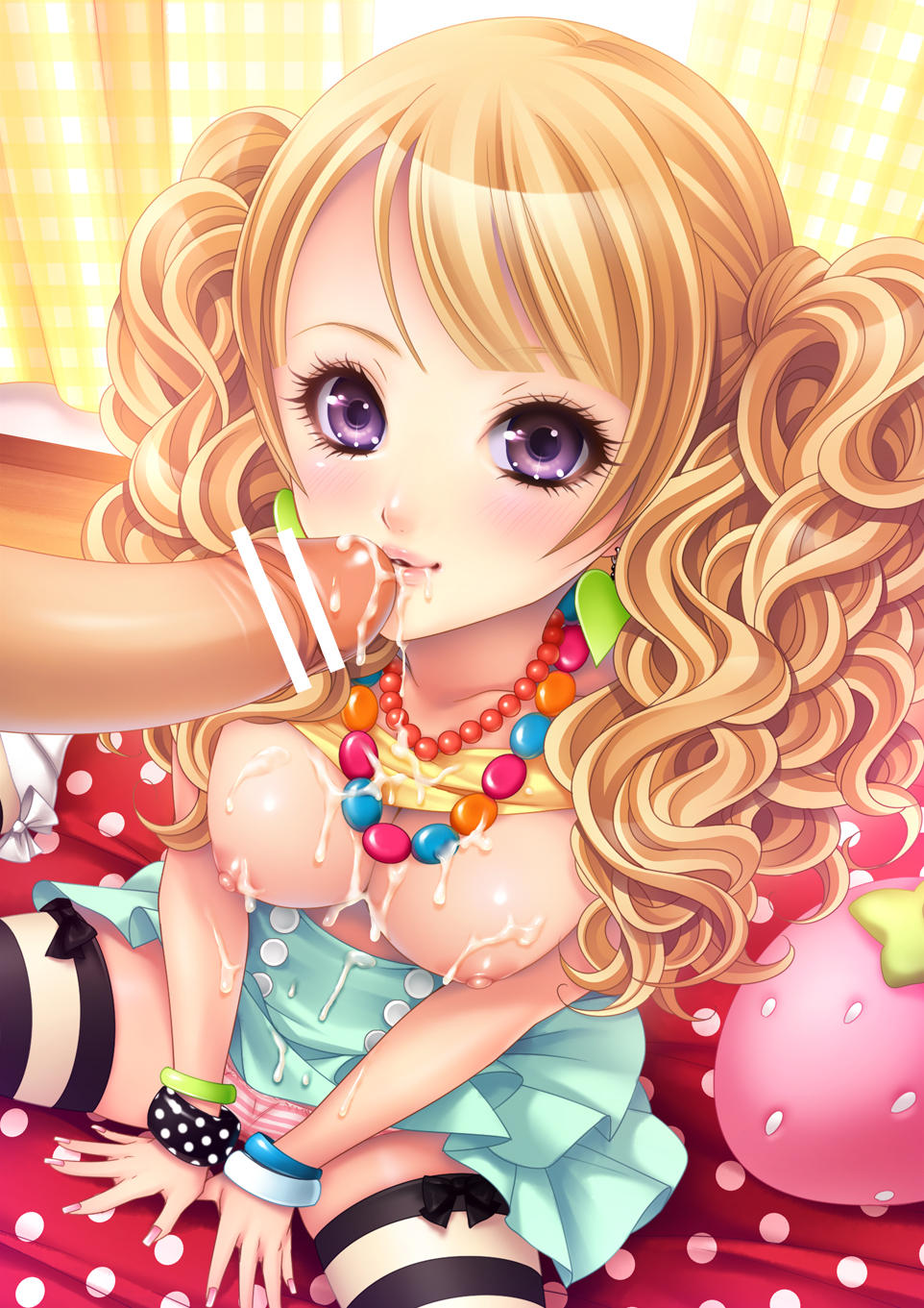 blonde_hair blush bracelet breasts censored cum cum_in_mouth cum_on_body cum_on_breasts cum_on_clothes cum_on_lower_body cum_on_upper_body curly_hair facial female hi_res high_resolution highres jewelry large_breasts long_hair momoi_komomo nail_polish necklace nipples original panties penis pointless_censoring purple_eyes sitting skirt smile striped striped_legwear striped_panties striped_thighhighs thighhighs tied_hair topless twintails underwear