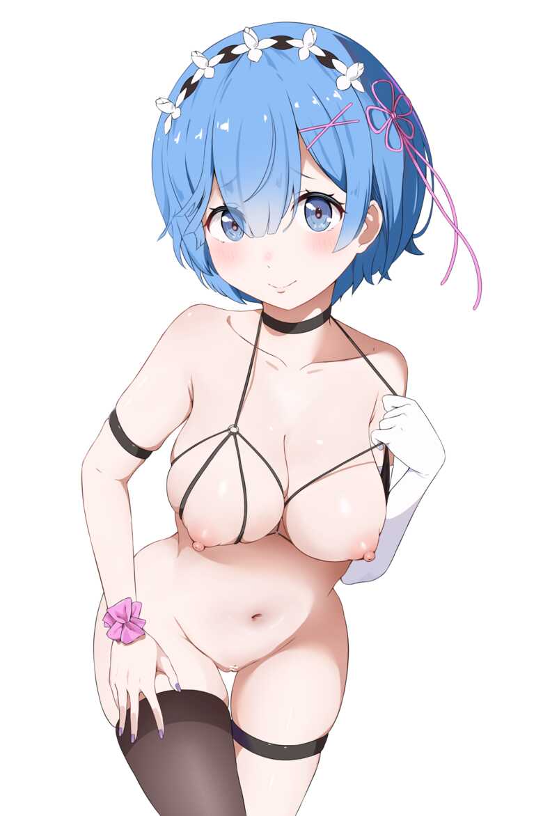 blue_eyes blue_hair blush breasts_out coro_fae elbow_gloves female_focus large_breasts looking_at_viewer maid_headdress re:zero_kara_hajimeru_isekai_seikatsu rem_(re:zero) simple_background smile string_bikini thighhighs white_background