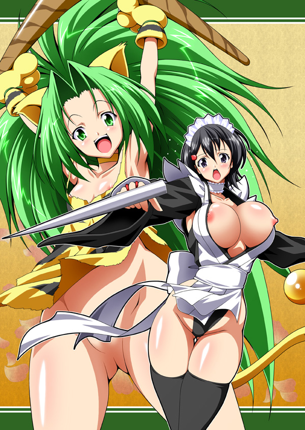 2girls animal_ear apron armpits black_hair black_legwear blade blue_eyes blush boomerang breasts cham_cham choker cleavage flat_chest gloves green_eyes green_hair hair_ornament hairclip iroha large_breasts long_hair maid maid_headdress multiple_girls nipples no_panties panties raven_(artist) samurai_shodown short_hair simple_background snk thighhighs underwear