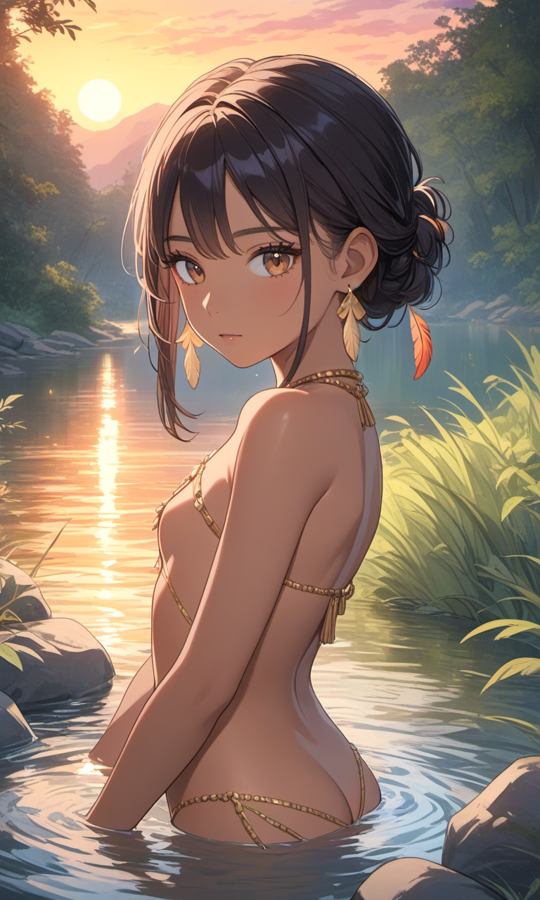 ai_generated ass ass_cleavage bathing brown_eyes brown_hair dark-skinned_female dark_skin feathers from_behind jewelry lake looking_at_viewer looking_back native_american_female petite sideboob skinny_dipping small_breasts tan_body tribal water