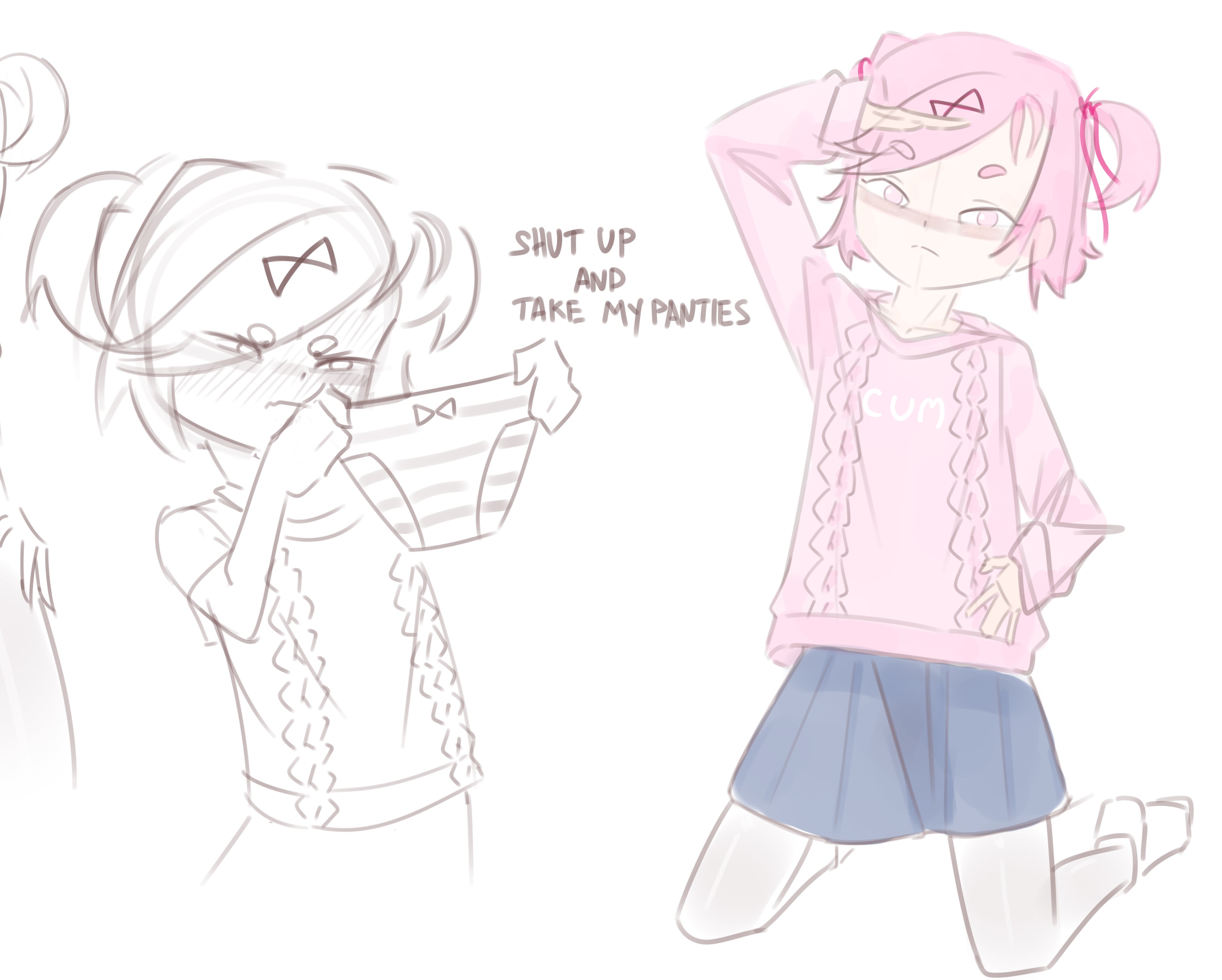 1girls, doki doki literature club, emiillb, english text, female, female only, human, natsuki (doki doki literature club), pink eyes, pink hair, skirt, solo, text
