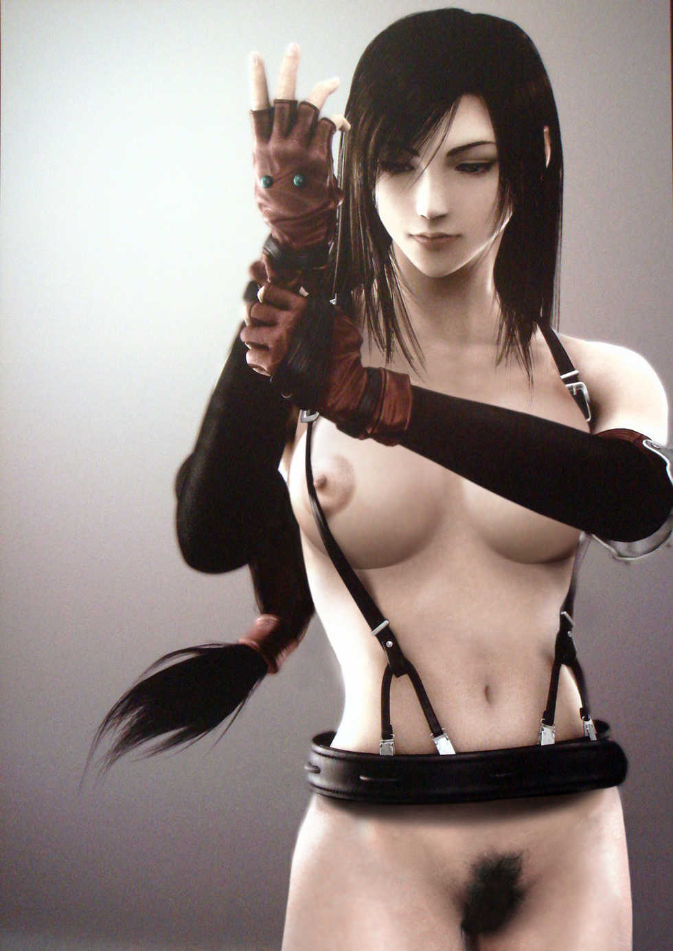 3d areola areolae belt bottomless breasts brown_eyes brown_hair erect_nipples female female_only final_fantasy final_fantasy_vii fingerless_gloves gloves highres human long_hair materia nipples photoshop ponytail pubic_hair solo standing suspenders tied_hair tifa_lockhart