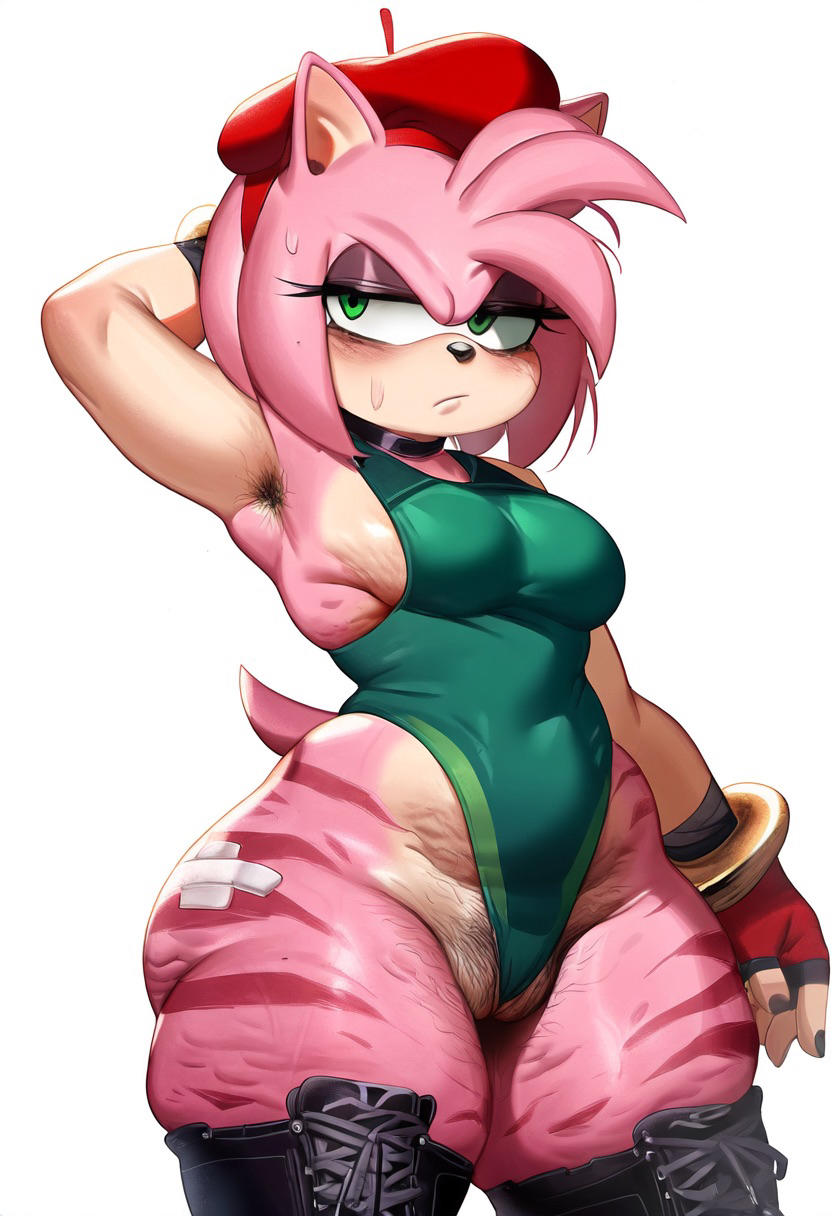 ai_generated amy_rose annoyed armpit_hair bags_under_eyes blush cameltoe cammy_white_(cosplay) cellulite cosplay costume fur furry hat leotard novelai pubes pubic_hair sega sonic_(series) sonic_the_hedgehog_(series) street_fighter stretch_marks