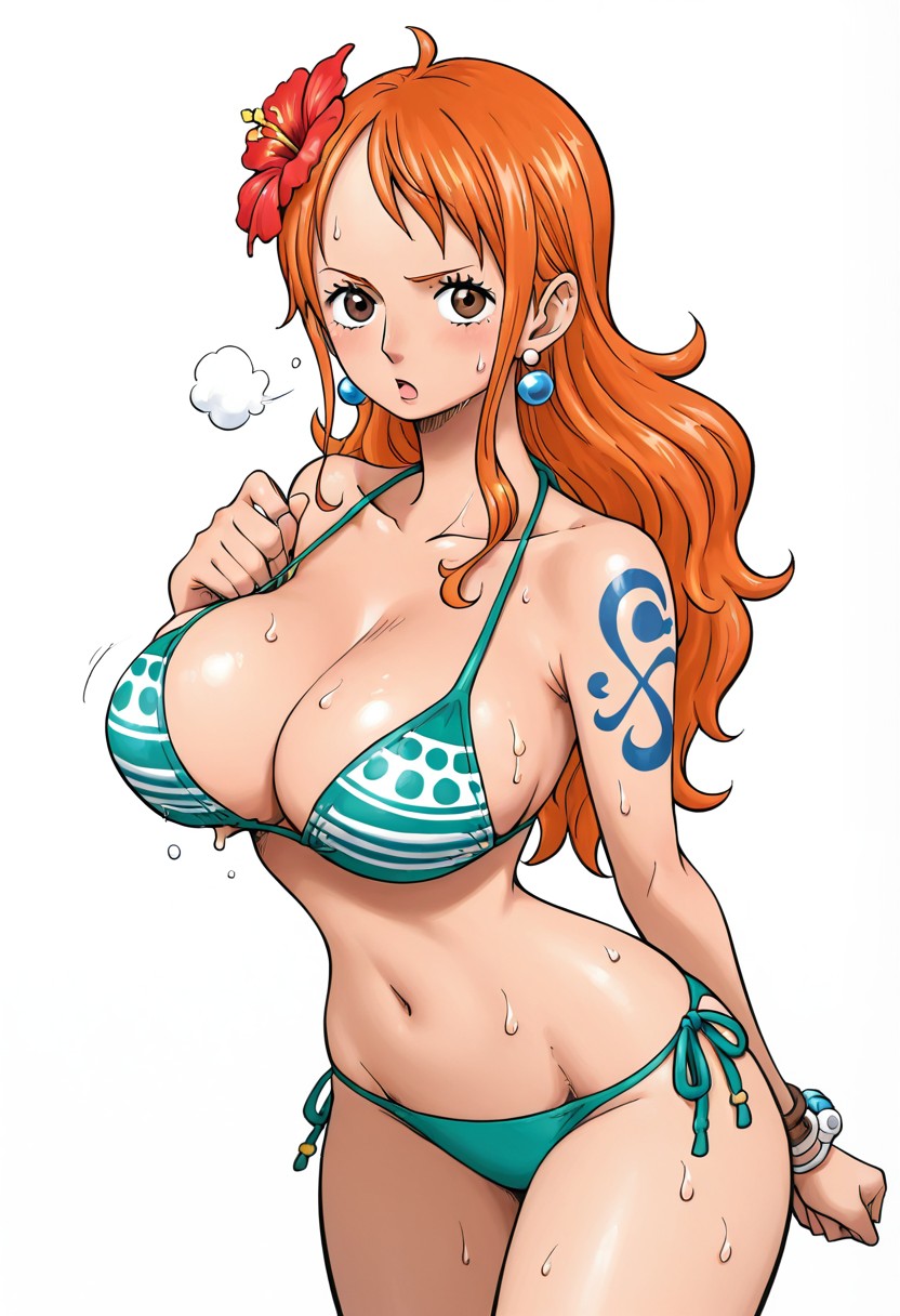 1girls, ai generated, arm tattoo, bikini, blue tattoo, female, female only, nami (one piece), one piece, orange hair, orange-haired female, swimsuit, tattoo