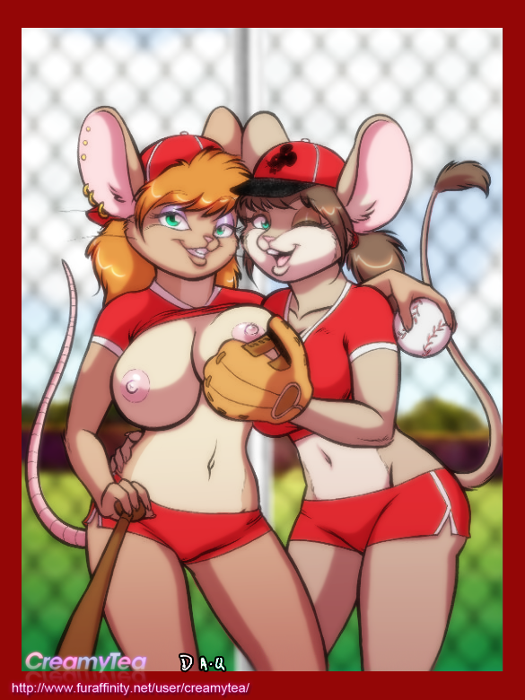 anthro ball baseball baseball_glove bat big_breasts blue_eyes breasts color creamytea day ear_piercing earring facial_piercing female fur furry hat mice outdoors piercing rat rodent uniform yuri