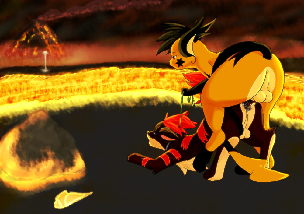 anal anal_sex collar cum cum_in_ass cum_inside furry furry_only gay lava leash male mohawk nintendo no_humans penetration penis pokemon pokemon_(species) raichu roy_(raichu) roy_arashi video_games volcanic_setting volcano