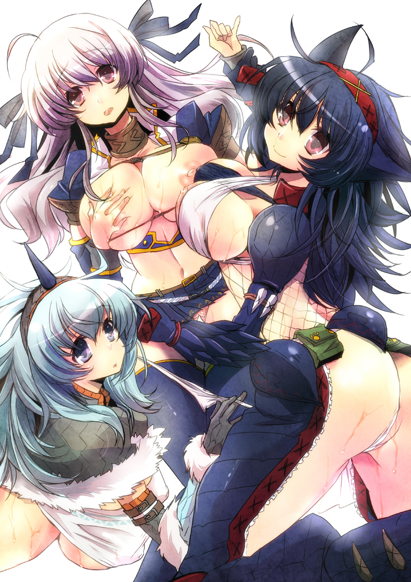 ahoge animal_ear armor asai_ichiko ass azul_(armor) black_hair blue_eyes blue_hair blue_legwear breasts capcom color female female_only fishnets gloves group hair_ribbon hairband horn huge_breasts kirin_(armor) large_breasts lavender_eyes lavender_hair long_hair midriff monster_hunter monster_hunter_frontier multiple_girls nargacuga_(armor) navel nipple_slip nipples open_mouth panties panties_pull panty_pull pussy ribbon self_fondle silver_hair simple_background smile thighhighs underboob underwear vagina