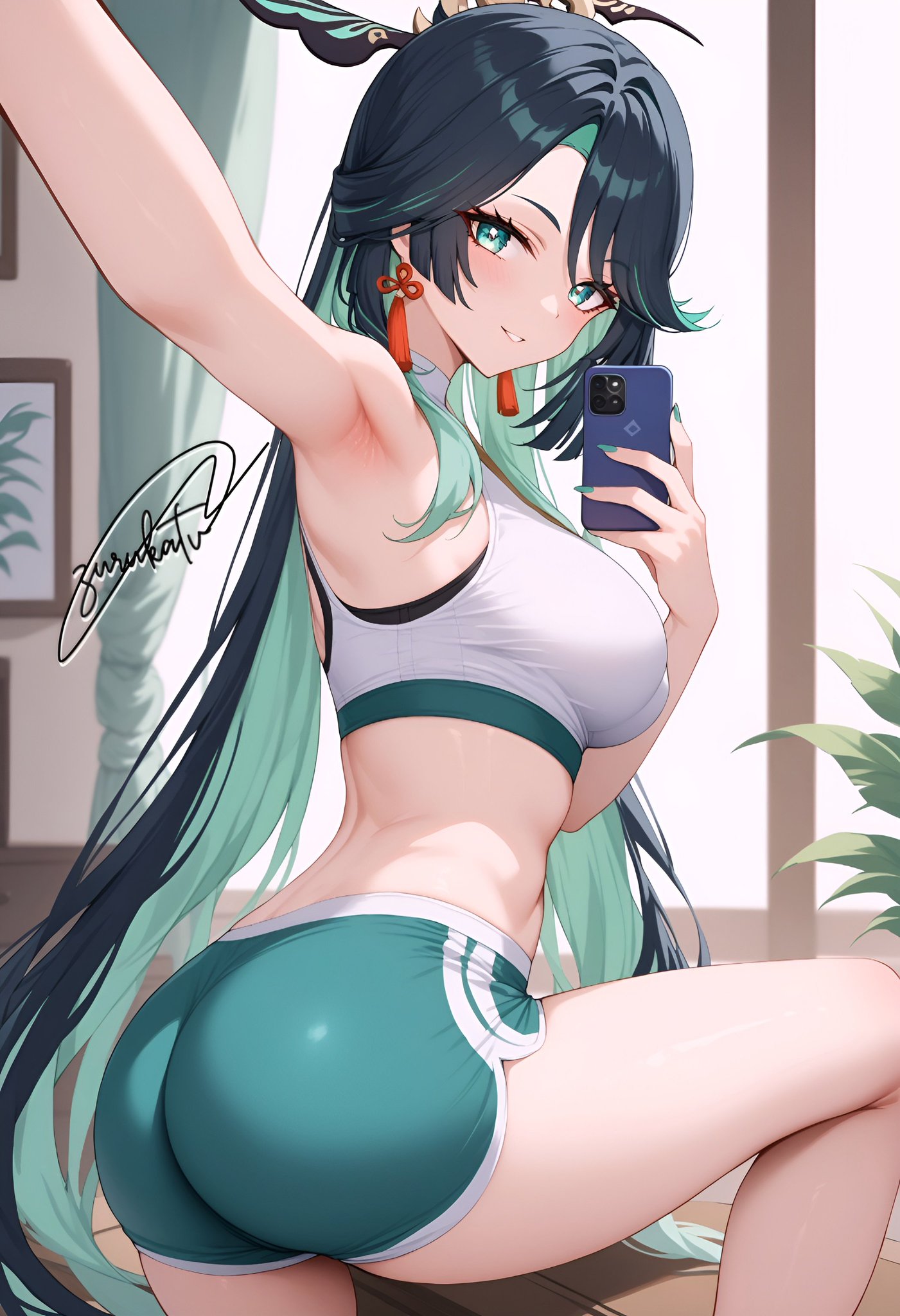 ai generated, alternate costume, ass, bare shoulders, black hair, breasts, bubble ass, bubble butt, buruma, cellphone, female, from behind, genshin impact, green eyes, green hair, liyue girls, long hair, looking at viewer, looking back, medium breasts, multicolored hair, parted lips, selfie, shiny, shiny clothes, shiny hair, shiny skin, sideboob, sitting, smile, solo, very long hair, xianyun (genshin impact), zurukatv