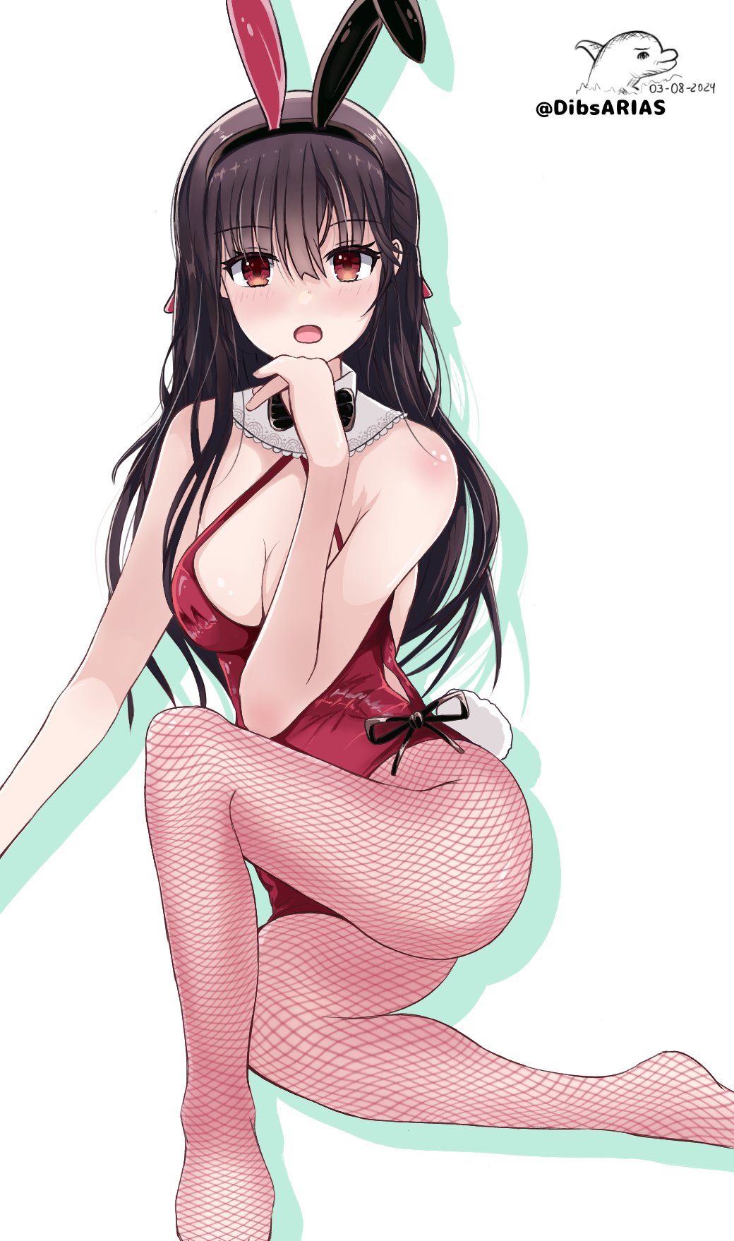 1girls 2d 2d_(artwork) artist_name ass black_hair bunny_ears bunnysuit cleavage clothed date_a_live dibs_arias female female_only fishnets light-skinned_female long_hair looking_at_viewer medium_breasts red_eyes solo solo_female thighs tokisaki_kurumi