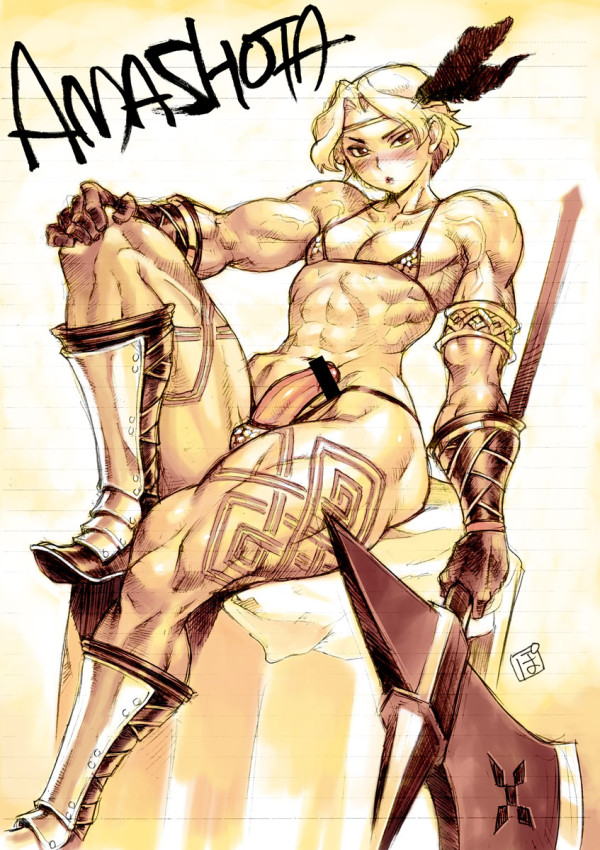 1boy, amazon (dragon's crown), ambush (trap), censored, dragon's crown, femboy, male, male only, muscles, muscular, muscular male, penis, po-ju, rule 63, solo, trap, vanillaware