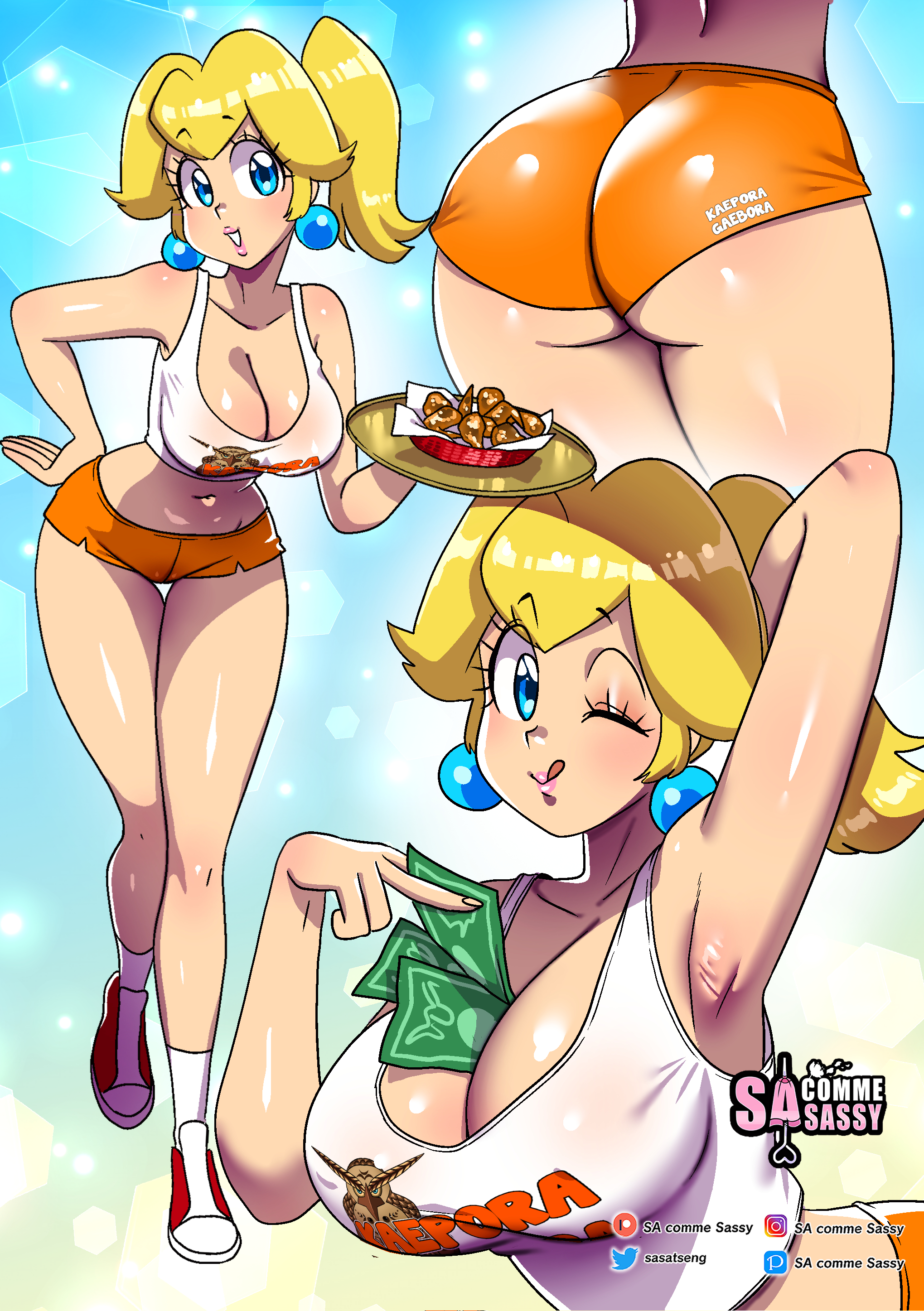 ass, ass focus, blonde hair, blue eyes, breasts, chicken wings, cleavage, convenient breasts, crop top, earrings, female, food, hooters, hooters uniform, large breasts, mario (series), meat, money, money in cleavage, ponytail, princess peach, sasatseng, shoes, shorts, smiling, socks, super mario bros., victoria's secret compartment, wings (food), wink