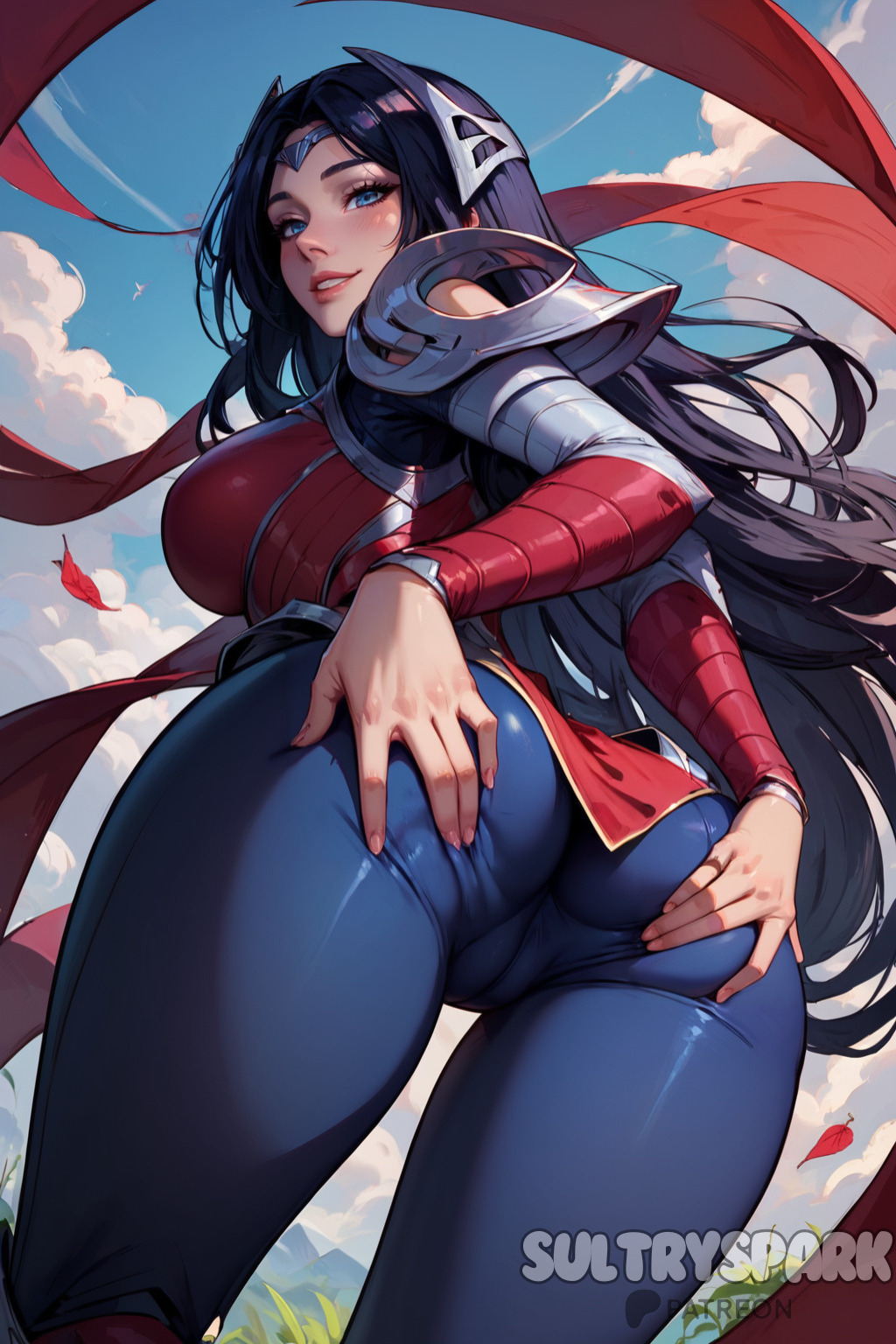 ai_generated ass bare_shoulders black_hair blue_eyes blue_sky breasts circlet clothing_cutout cloud day female from_behind from_below futarush irelia_xan large_breasts league_of_legends league_of_legends:_wild_rift lips long_hair looking_at_viewer looking_back outdoors riot_games sky smile solo sultryspark thighs