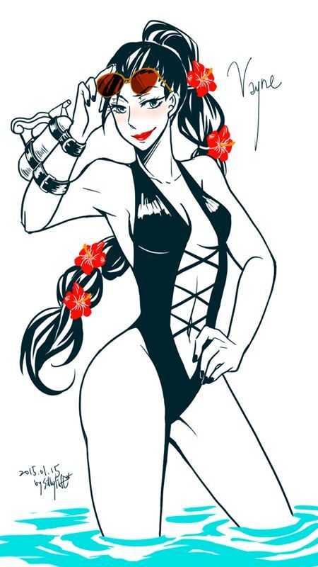 black_hair bodysuit female female_only flat_colors glasses hand_on_hip league_of_legends legs long_hair looking_at_viewer red_lipstick sketch smile smiling smiling_at_viewer solo solo_female sunglasses sunglasses_on_head thighs vayne