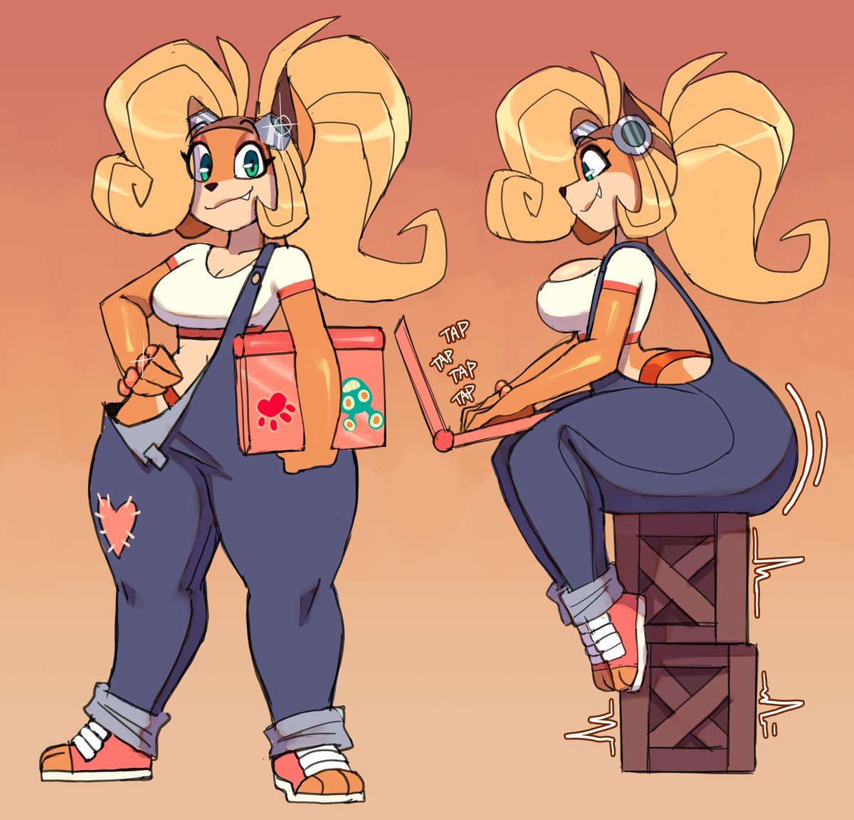 anthro, ass, big ass, big breasts, big thighs, blonde hair, breasts, clothing, coco bandicoot, computer, crash (series), electronics, female, female only, fur, furry, green eyes, huge ass, huge thighs, laptop, long hair, looking at viewer, nothing under overalls, oerba yun fang, panties, ponytail, shirt, sitting, smile, tagme, thick hips, thick thighs, thighs, thong, yiff, zrfurious